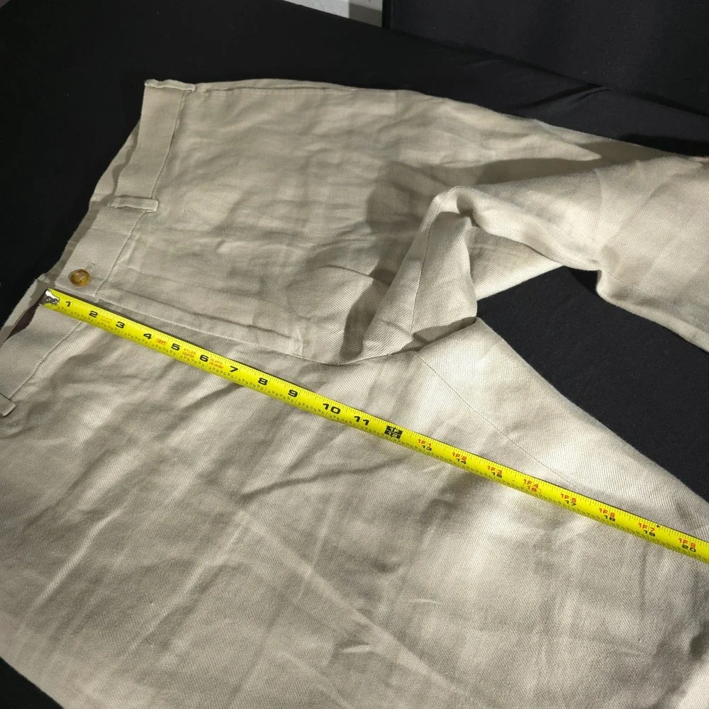 Perry Ellis Linen Pants Mens 36x32 Beige Khaki Straight Leg Flat Front Trousers